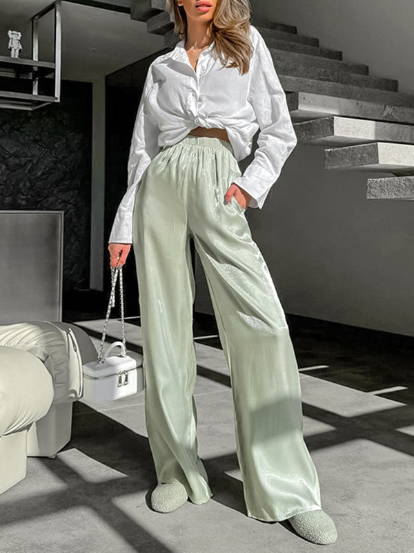 Elasticity Shiny Solid Color Split-Joint High Waisted Loose Trousers Pants