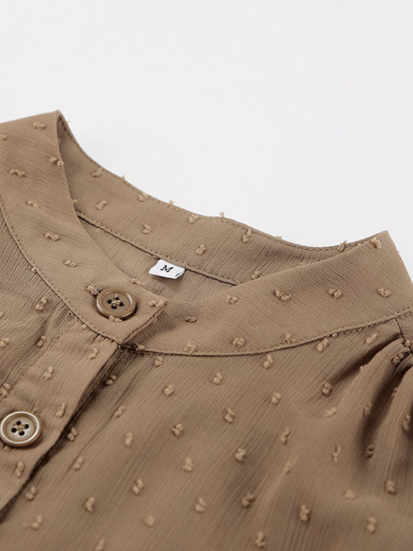 Jacquard Pleated Solid Color Split-Joint Flared Sleeves Loose Stand Collar Blouses