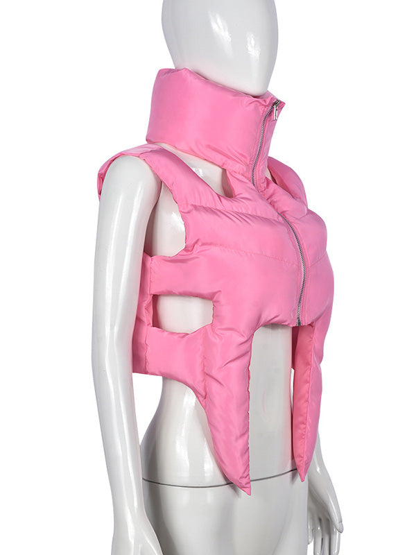 Hollow Solid Color Zipper Loose Sleeveless Stand Collar Padded Vest