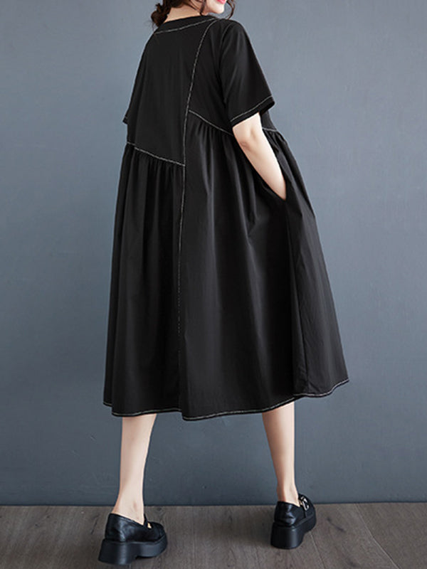 Asymmetric Pleated Pockets Solid Color Split-Joint A-line Loose Round-neck Midi Dresses