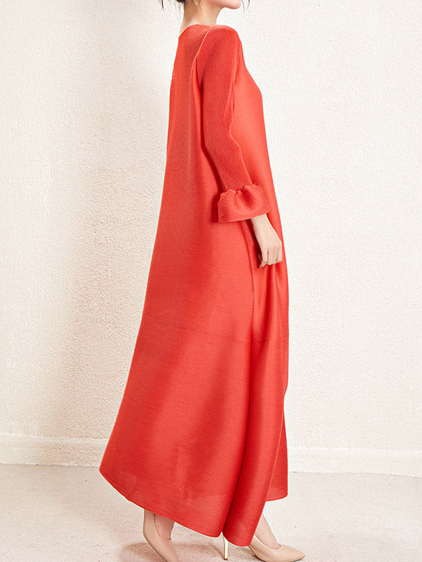 Pleated Solid Color A-Line Loose Round-Neck Maxi Dresses