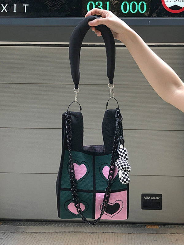 Chains Color-Block Contrast Color Heart Print Woven Shoulder Bags Handbags