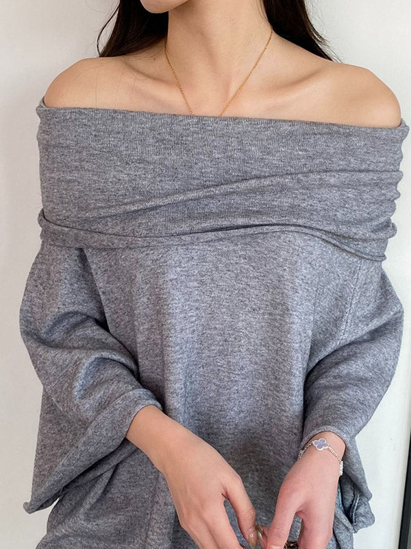 Solid Color Batwing Sleeves Flared Sleeves Off-the-shoulder Knit Top