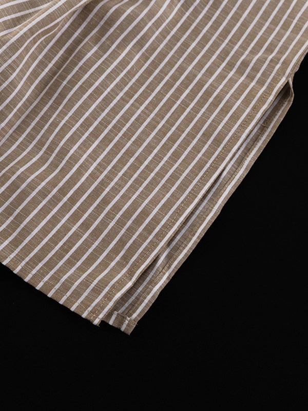 Pleated Split-Toe Striped Loose Puff Sleeves V-neck Blouses&shirts Tops