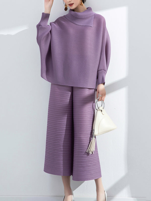 Simple Loose Long Sleeves Pleated Solid Color High-Neck T-Shirt Top&Wide Legs Pants Two Pieces Set