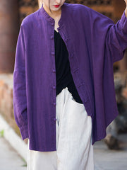 Chinese Frog Buttons Pleated Solid Color Split-Joint Batwing Sleeves Loose Stand Collar Blouses