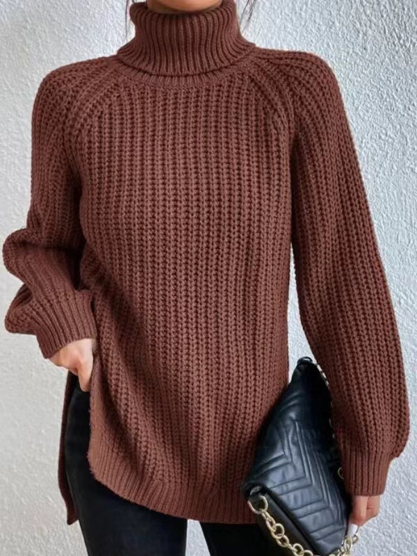 Solid Color Split-side Long Sleeves Loose High Neck Sweater Tops Pullovers