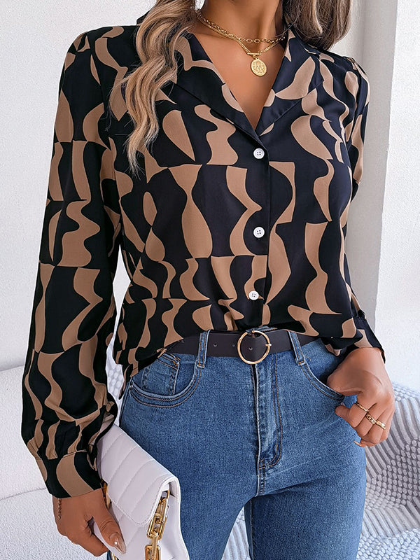 Buttoned Contrast Color Long Sleeves Notched Collar Blouses&Shirts Tops