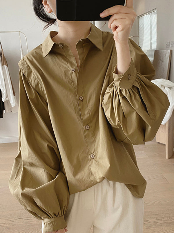 Solid Color Loose Puff Sleeves Lapel Blouses