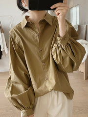 Solid Color Loose Puff Sleeves Lapel Blouses