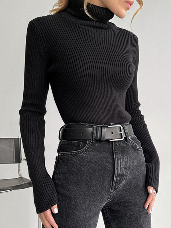 Long Sleeves Skinny Solid Color High Neck Pullovers Sweater Sweater Tops