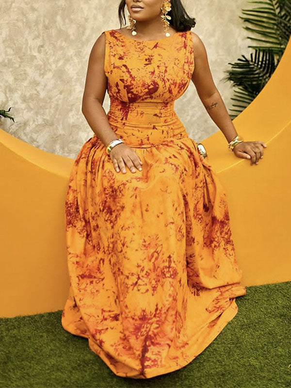 Pleated Zipper Bodycon Sleeveless Round-Neck Maxi Dresses