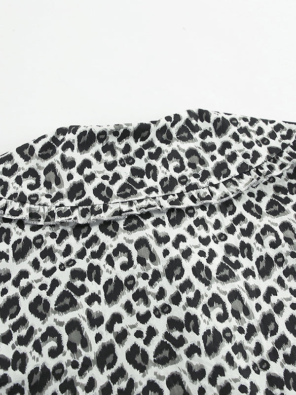 Leopard Printed Split-Joint Loose Puff Sleeves Peter Pan Collar Blouses&Shirts Tops
