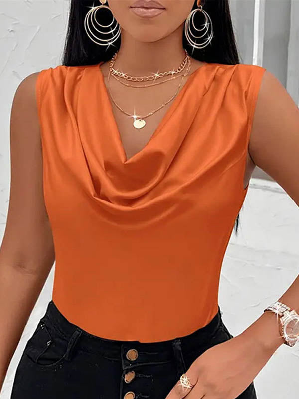 Pleated Solid Color Loose Sleeveless V-Neck Vest Top
