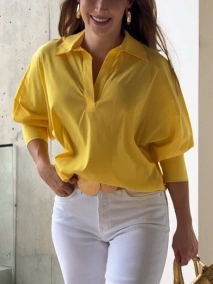 Solid Color Loose Puff Sleeves Lapel Blouses&Shirts Tops
