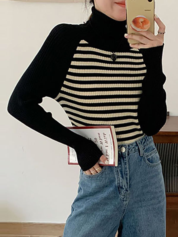 Contrast Color Striped Long Sleeves Skinny High Neck Sweater Tops Pullovers