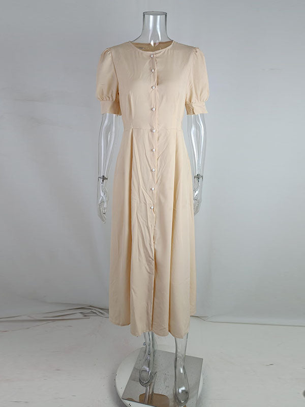 Buttoned High Waisted Loose Round-neck Midi Dresses