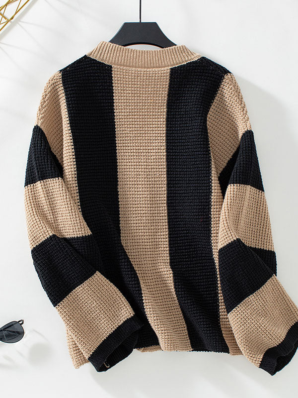 Buttoned Contrast Color Split-Joint Striped Long Sleeves Loose V-Neck Cardigan Tops