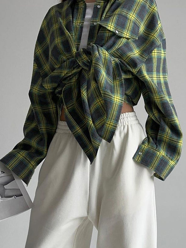 Buttoned Plaid Pockets Split-Joint Long Sleeves Loose Lapel Blouses&shirts Tops