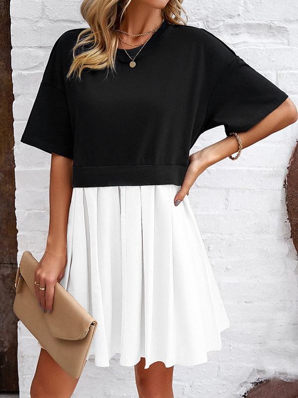 Contrast Color Pleated Split-Joint A-Line Half Sleeves Round-Neck Mini Dresses