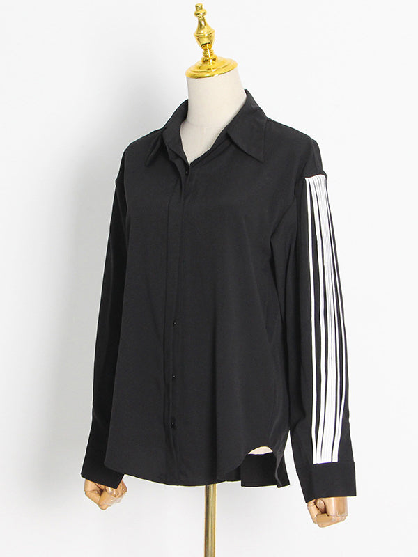 Buttoned Contrast Color Long Sleeves Loose Lapel Blouses&Shirts Tops