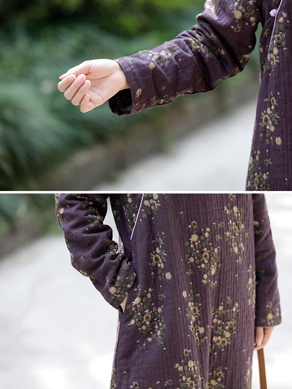 Vintage Loose Printed Keep Warm Velvet Midi Dress Long Cheongsam