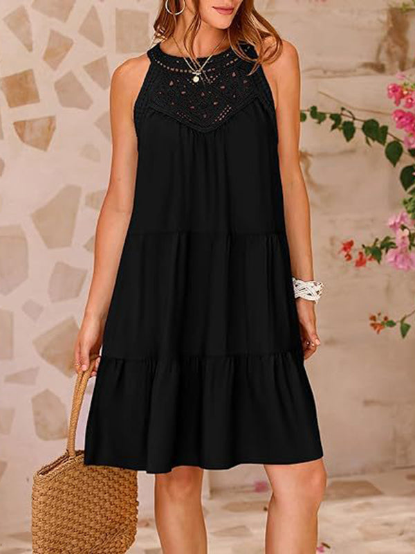 Hollow Pleated Solid Color Split-Joint A-Line Loose Round-Neck Mini Dresses