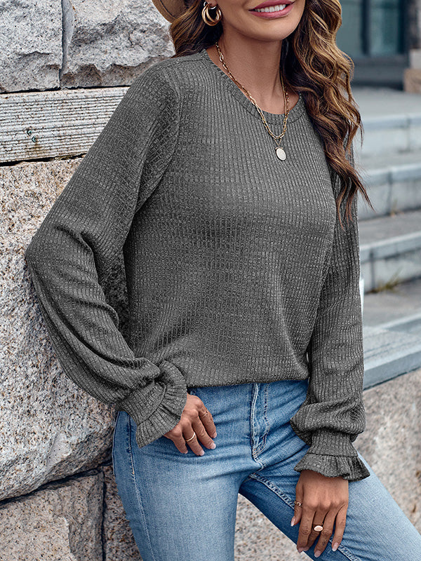 Elasticity Ruffled Solid Color Long Sleeves Loose Round-Neck T-Shirts Tops