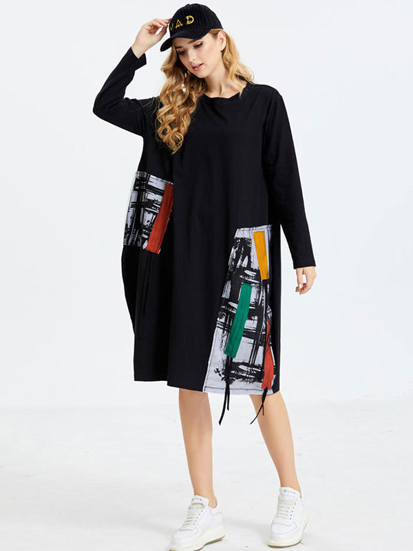 Original Split-Joint Contrast Color Long Sleeve Midi Dress