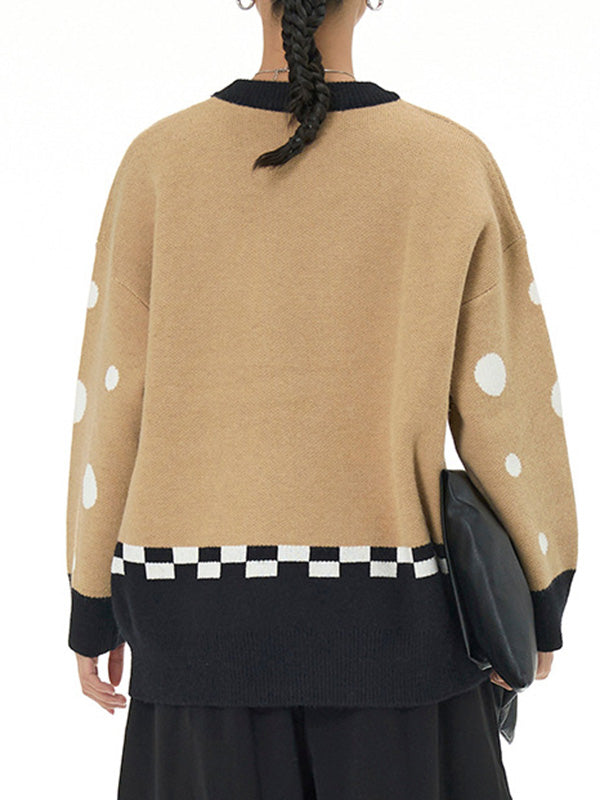 Contrast Color Polka-Dot Velvet Long Sleeves Loose Round-Neck Sweater Tops Pullovers