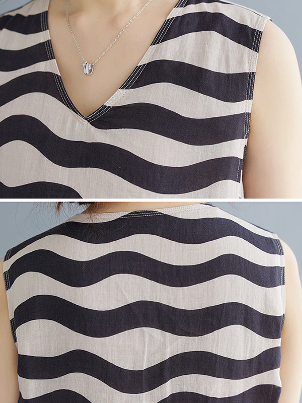 Striped Loose Sleeveless V-neck Midi Dresses