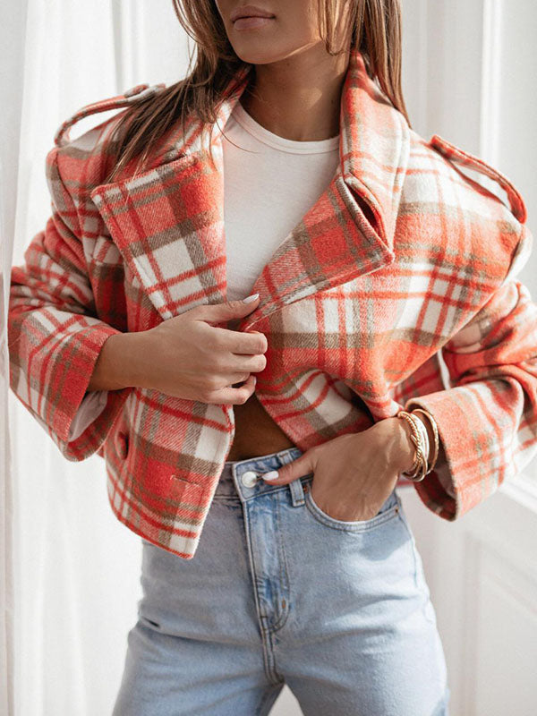 Plaid Split-Joint Long Sleeves Loose Peter Pan Collar Jackets&Coats