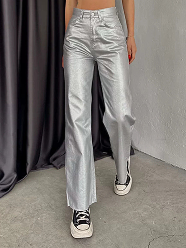 Pockets Solid Color Wide Leg Trousers Pants
