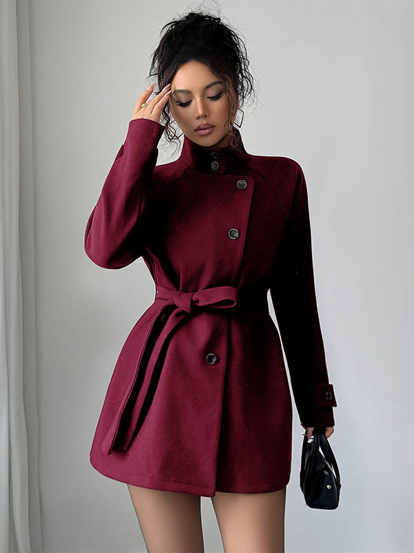 Elasticated Waist High Waisted Asymmetric Buttoned Solid Color Tied Waist Stand Collar Outerwear