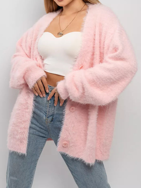 Buttoned Solid Color Long Sleeves Loose V-Neck Cardigan Tops