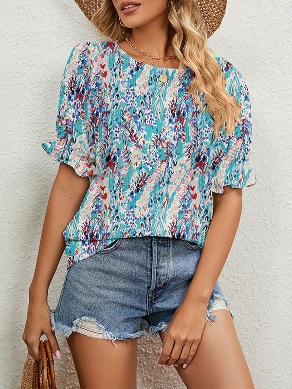 Elasticity Flower Print Ruffle Trim Loose Short Sleeves Round-Neck T-Shirts Tops