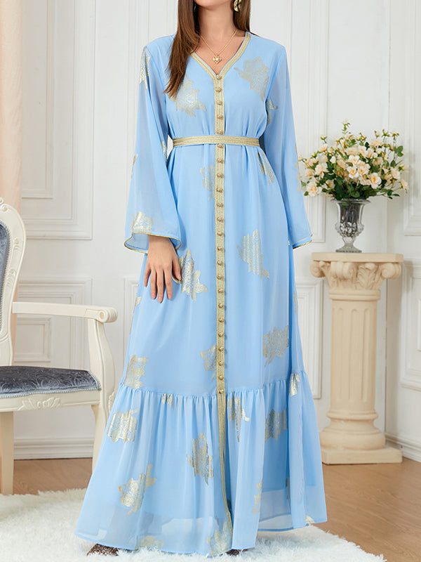 Pleated Printed Split-Front Split-Joint Tied Waist Long Sleeves Loose V-Neck Maxi Dresses