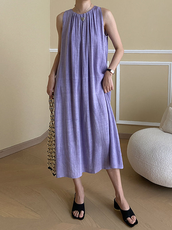 Pleated Solid Color A-Line Loose Round-Neck Midi Dresses