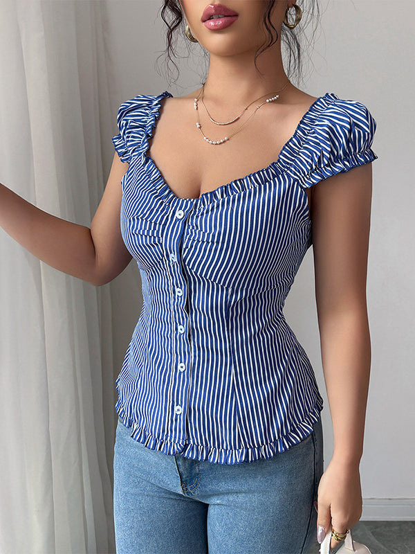 Buttoned Pleated Striped Puff Sleeves Skinny Square-Neck Blouses&Shirts Tops