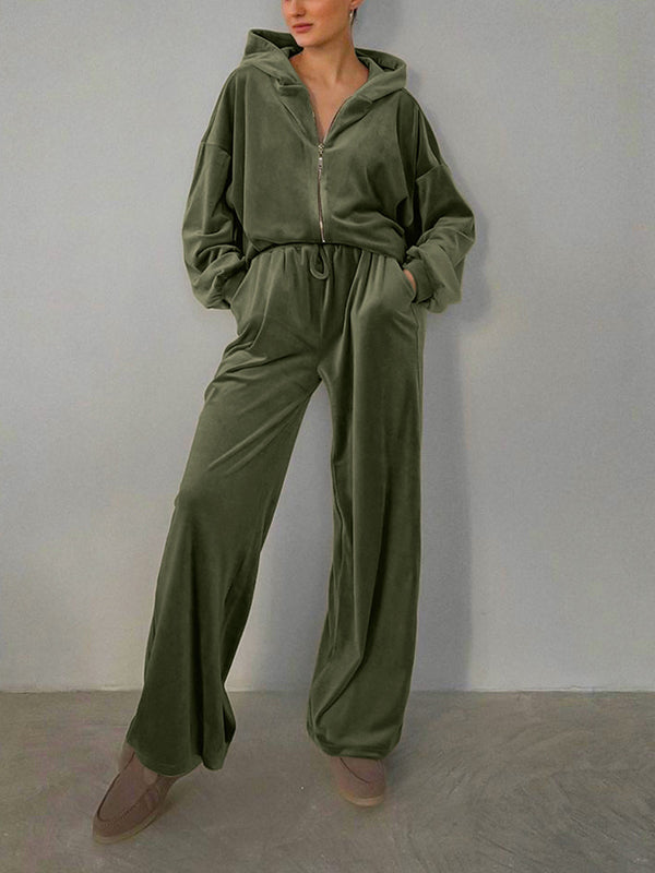 Hooded Velvet Zipper Long Sleeves Solid Color Sweatshirt Top + Drawstring Elasticity Pockets Pants Bottom Two Pieces Set