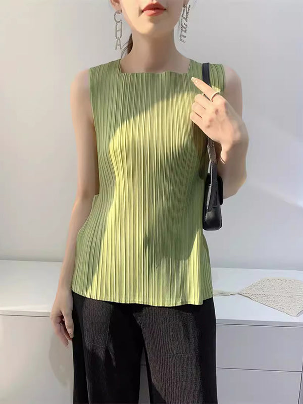 Pleated Solid Color Split-Joint Loose Sleeveless Square-Neck Vest Top