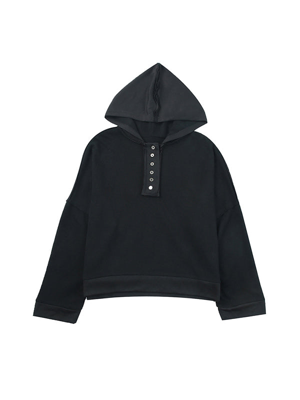 Buttoned Split-Joint Velvet Hooded Long Sleeves Sweatshirt Tops