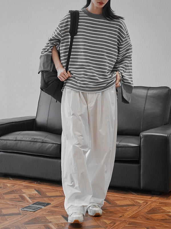 Contrast Color Split-Joint Split-side Striped Long Sleeves Loose Round-neck Sweatshirt Tops