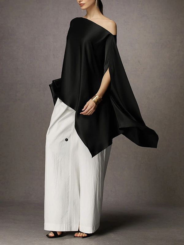 Asymmetric Solid Color Batwing Sleeves Loose One-shoulder Blouses&shirts Tops