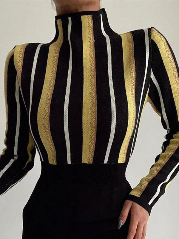 Contrast Color Split-Joint Striped Long Sleeves Skinny High Neck T-Shirts Tops