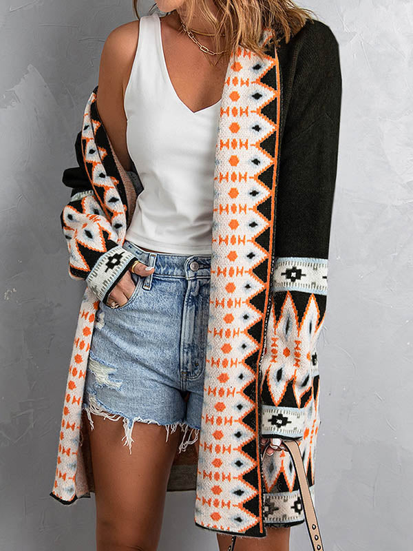 Contrast Color Long Sleeves Loose Collarless Cardigan Tops