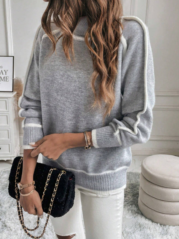 Contrast Color Split-Joint Long Sleeves Loose High Neck Sweater Tops
