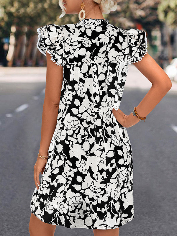 Printed Split-Joint Tied A-Line Ruffle Sleeves V-Neck Mini Dresses