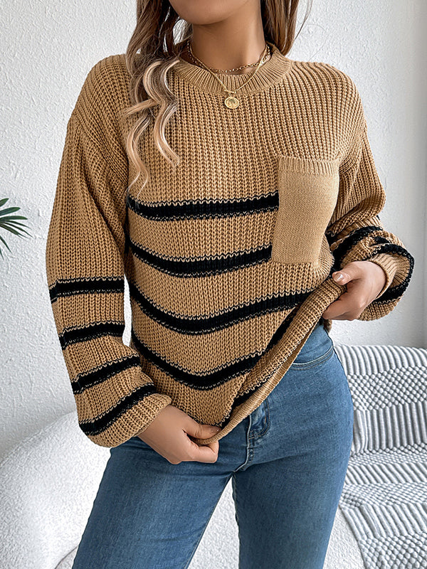 Contrast Color Pockets Split-Joint Long Sleeves Loose Round-Neck Sweater Tops Pullovers