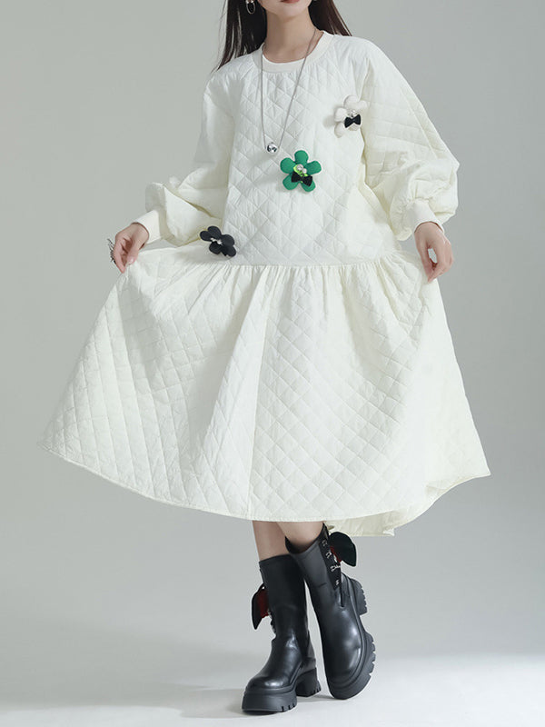 Pleated Quilted Split-Joint Long Sleeves Loose Round-Neck Midi Dresses